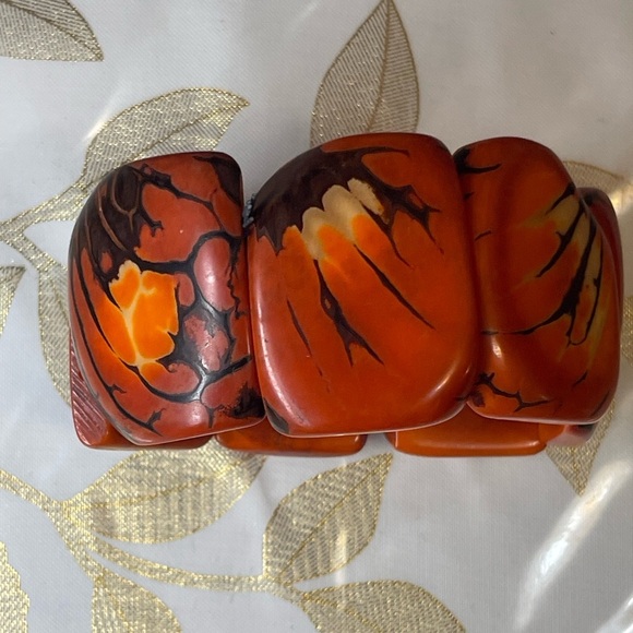 Tagua Nut Wide Stretch Cuff Bracelet Red Orange Rectangular Handmade - Picture 2 of 5